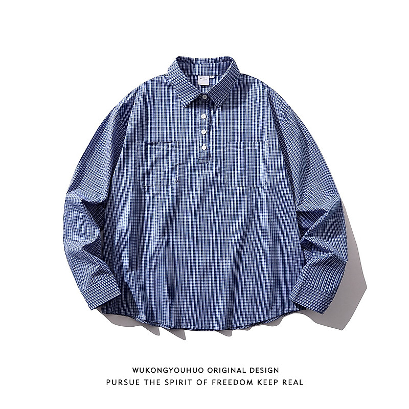 悟空有货春季复古格子纽扣套头长袖衬衫男女潮牌宽松百搭翻领衬衣