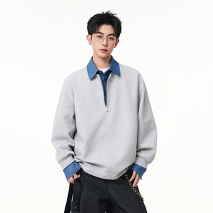 悟空有货复古潮牌假两件拼接POLO领卫衣男女秋季 情侣宽松百搭上衣