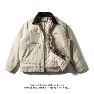 悟空有货冬季 棉衣 复古多口袋格子翻领棉服男潮牌宽松情侣保暖工装