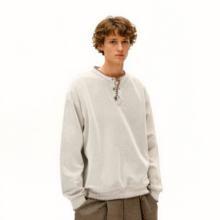 悟空有货美式手缝线亨利领针织卫衣男潮牌情侣休闲老钱风套头上衣