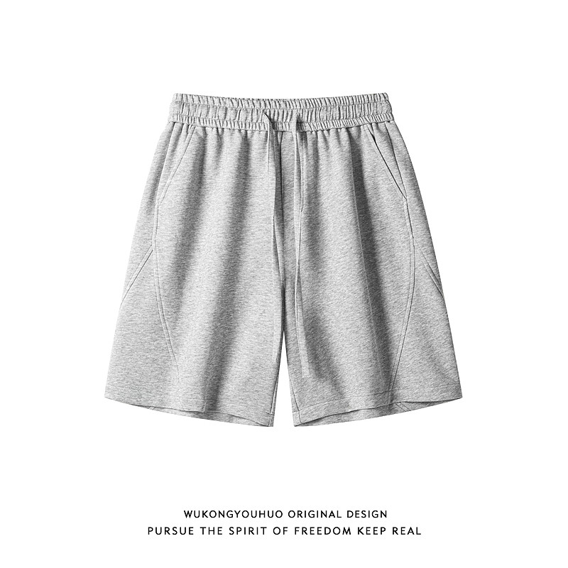 悟空有货夏季潮牌纯色抽绳松紧运动五分裤男宽松百搭阔腿休闲短裤