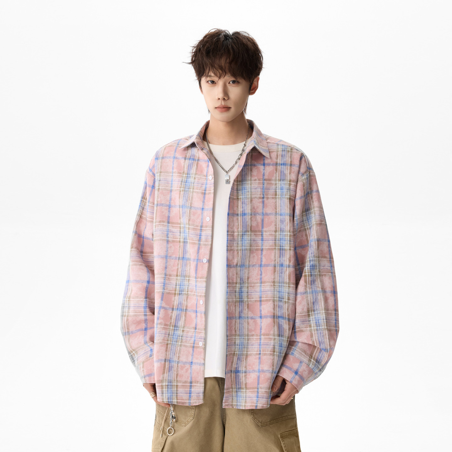 悟空有货潮牌美式扎染格子长袖衬衫男女春季复古宽松情侣百搭衬衣