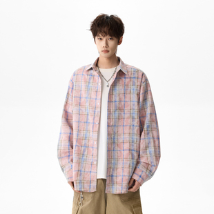 悟空有货潮牌美式扎染格子长袖衬衫男女春季复古宽松情侣百搭衬衣