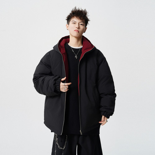 潮牌美式撞色加厚连帽棉衣男女