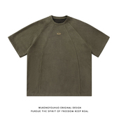 潮牌小众百搭休闲上衣 T恤男夏季 悟空有货美式 复古麂皮绒拼接短袖