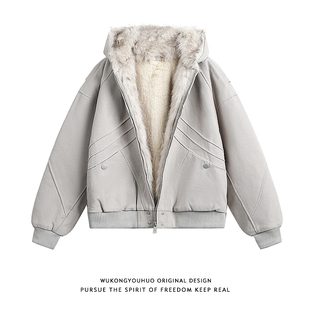 棉衣 宽松保暖加厚工装 悟空有货冬季 潮牌座山雕毛领连帽棉服男美式