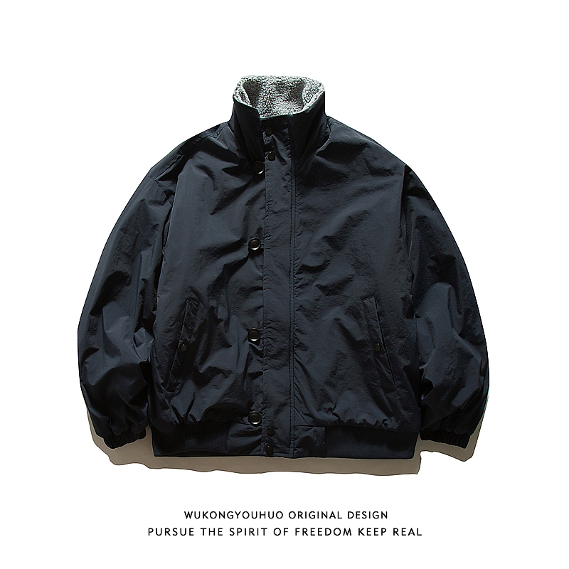 潮牌日系纯色加厚工装立领棉服男