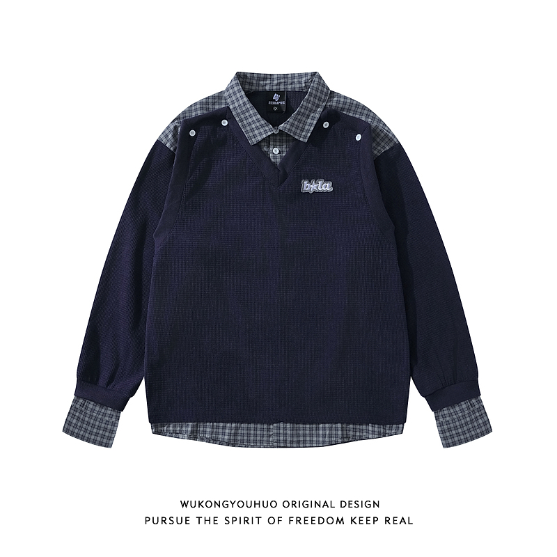 复古格子假两件拼接POLO衫男女