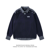 悟空有货美式 复古格子假两件拼接POLO衫 男女潮牌情侣宽松休闲上衣