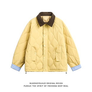 悟空有货复古潮牌菱格撞色翻领棉衣男女冬季 情侣宽松情侣保暖棉服