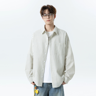 潮牌宽松情侣休闲衬衣外套 男秋季 悟空有货日系复古竖条纹长袖 衬衫
