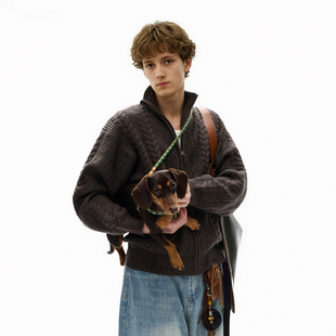 悟空有货美式复古编织麻花开衫立领毛衣男潮牌情侣宽松针织衫外套