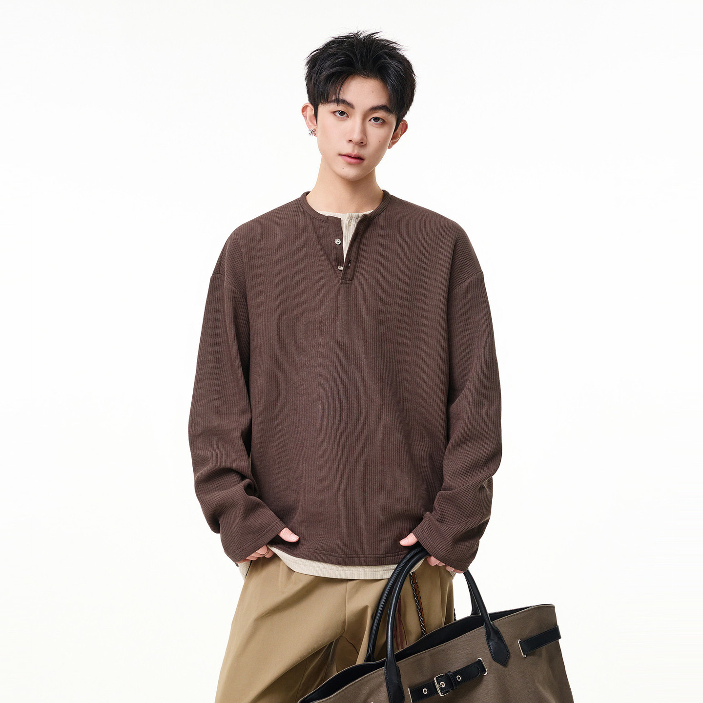 悟空有货春季复古假两件亨利领长袖T恤男女宽松情侣休闲百搭上衣