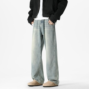 男宽松阔腿百搭休闲拖地长裤 悟空有货潮牌美式 水洗做旧直筒牛仔裤