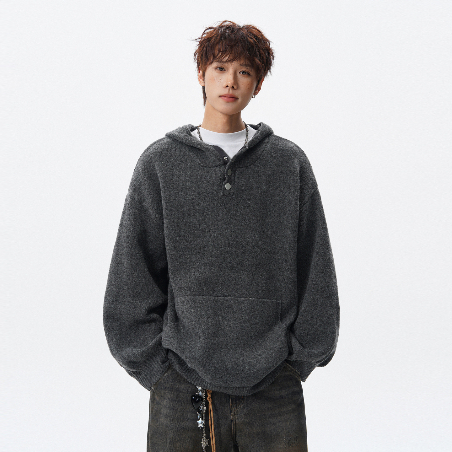 美式复古半开领连帽毛衣男女