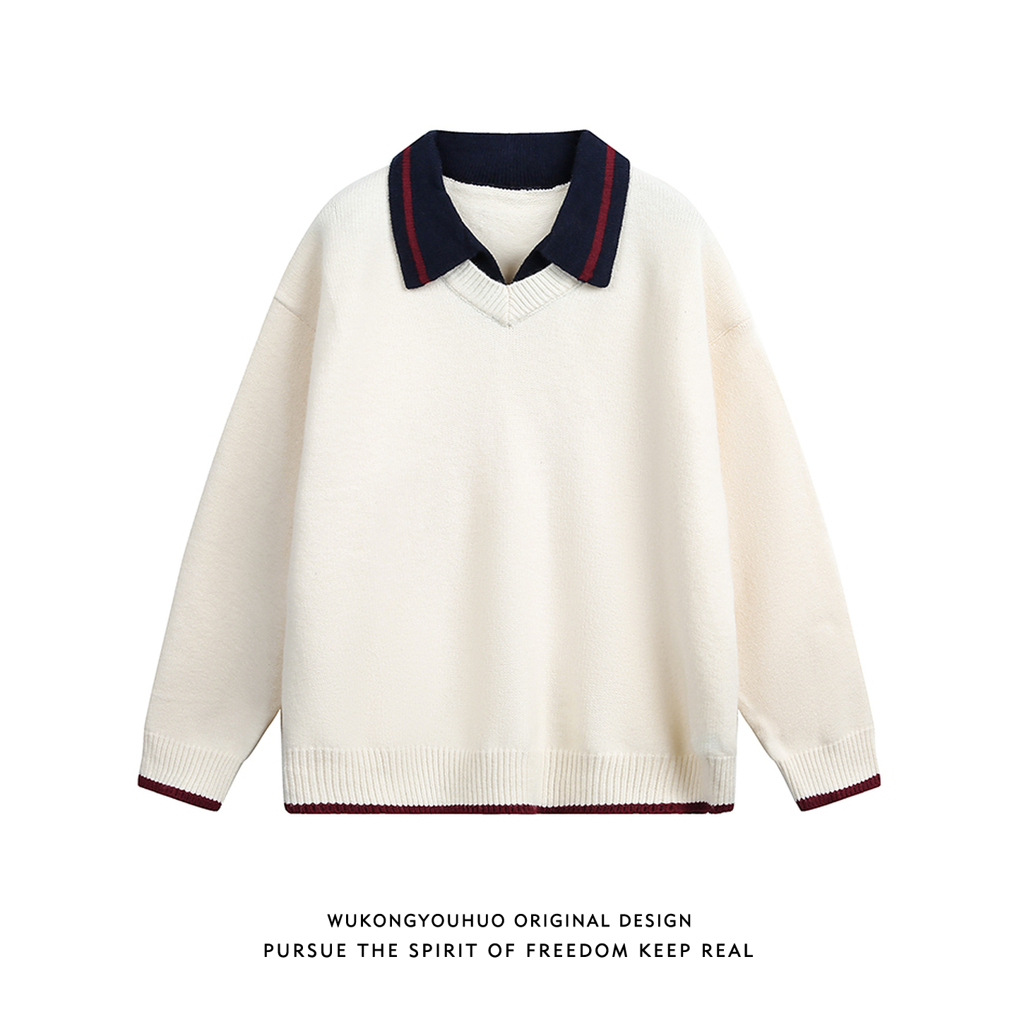 复古假两件拼接POLO领毛衣男