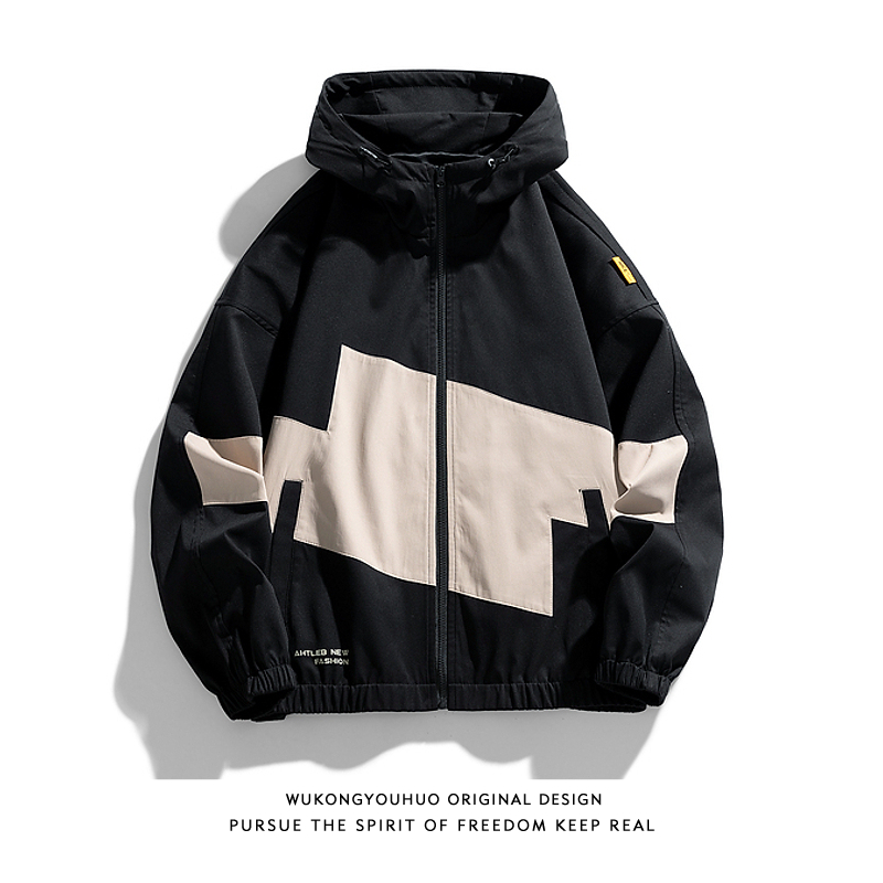 潮牌复古撞色拼接连帽夹克男女