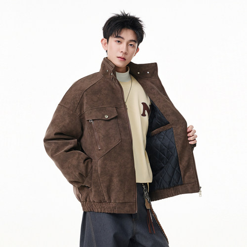 美式复古扎染夹棉加厚机车服棉衣