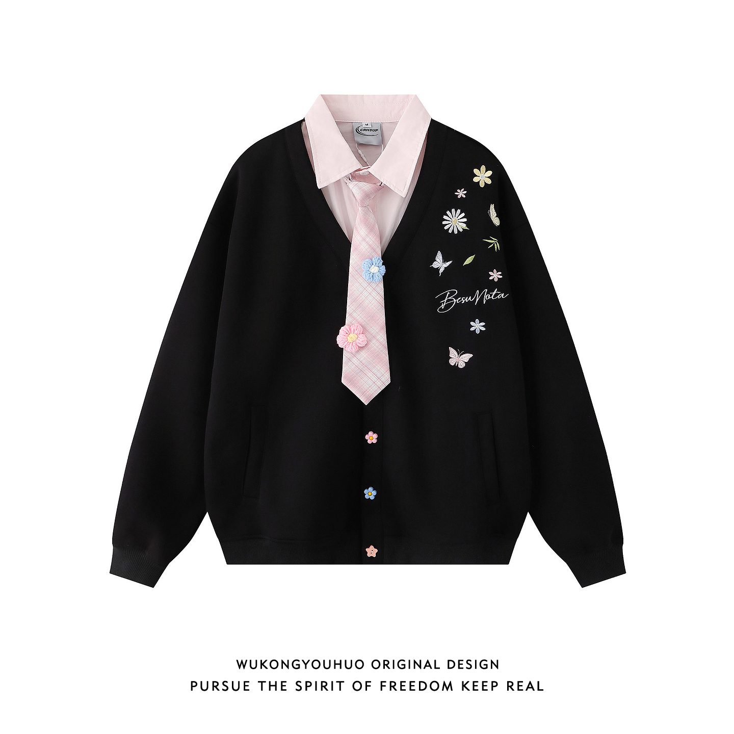 花卉刺绣领带假两件加绒卫衣男