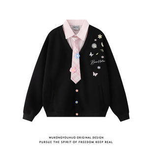 悟空有货花卉刺绣领带假两件加绒卫衣男潮牌美式 情侣宽松休闲上衣