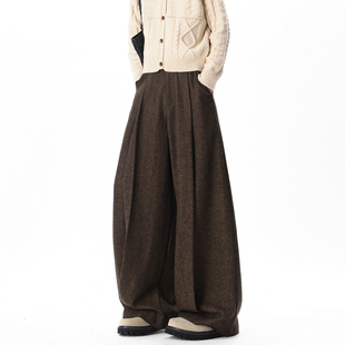 宽松阔腿百搭休闲裤 悟空有货复古潮牌高级感纯色呢料弯刀裤 男美式