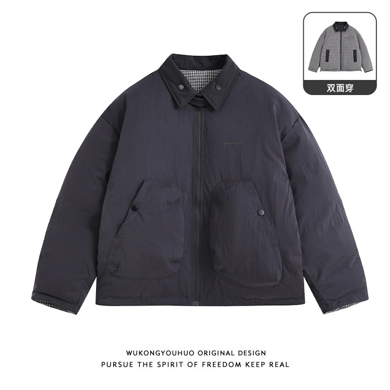 悟空有货冬季潮牌格子双面穿翻领棉服男美式复古情侣保暖休闲棉衣,男装,棉衣,淘宝优惠券,粉丝福利购,淘宝优惠卷