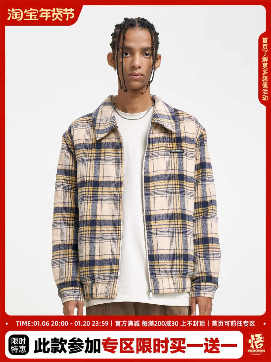 WUKONG HAS GOODS NATIONAL TIDE PLAID THICKENED WOOLEN JACKET MENS AUTUMN AND WINTER AMERICAN-STYLE LOOSE AND VERSATILE WARM COTTON CLOTHES AND COUPLES