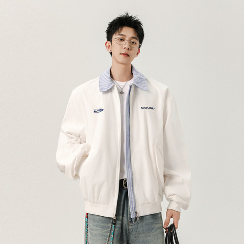 美式复古刺绣假两件翻领夹克男