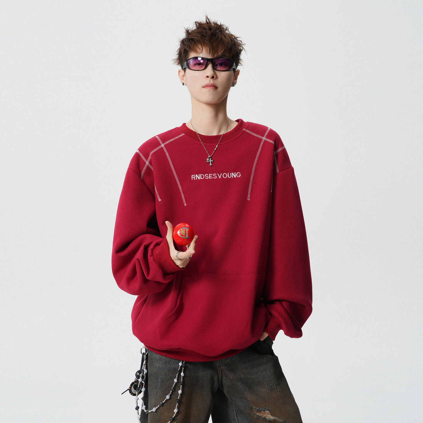 悟空有货潮牌美式字母刺绣辑明线圆领卫衣男春季宽松情侣百搭上衣