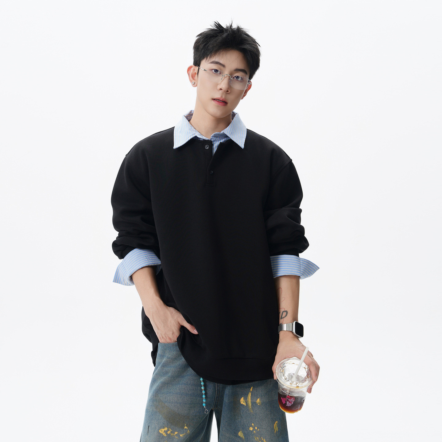 悟空有货潮牌条纹假两件拼接长袖POLO衫男女春季宽松情侣百搭卫衣