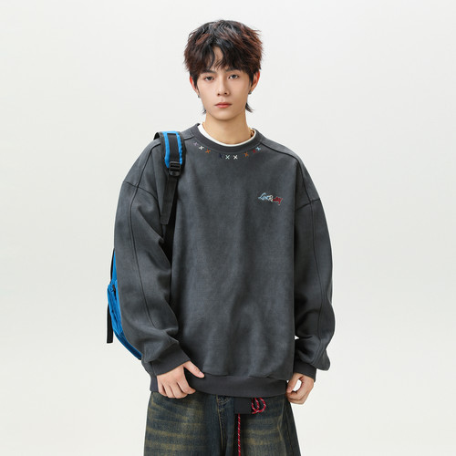 美式潮牌领口彩绣麂皮绒圆领卫衣