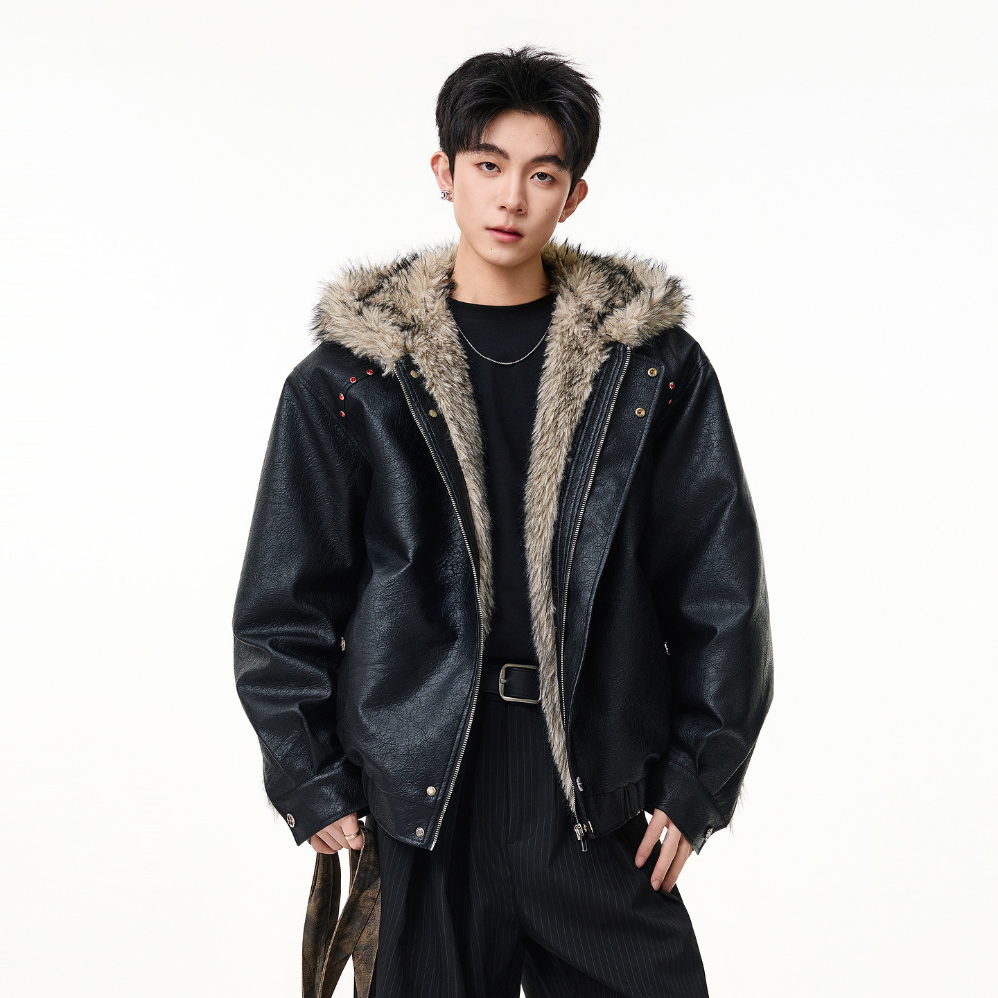 美式嘻哈荔枝纹PU座山雕棉衣男女