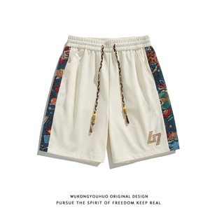 宽松百搭休闲短裤 悟空有货潮牌卡通拼接刺绣运动五分裤 男复古夏季