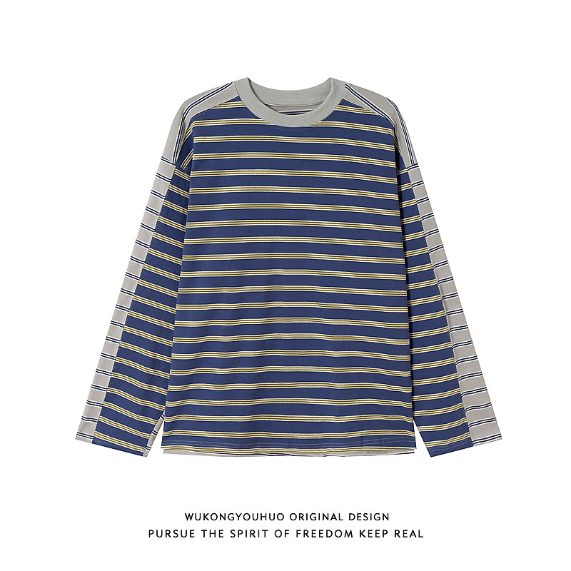 悟空有货潮牌春季撞色条纹拼接长袖T恤男女复古宽松百搭情侣上衣,男装,卫衣,淘宝优惠券,粉丝福利购,淘宝优惠卷