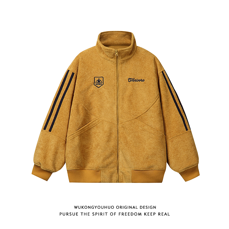 潮牌美式羊羔绒刺绣立领棉衣男