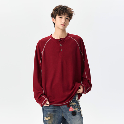 复古肌理感亨利领长袖T恤男女