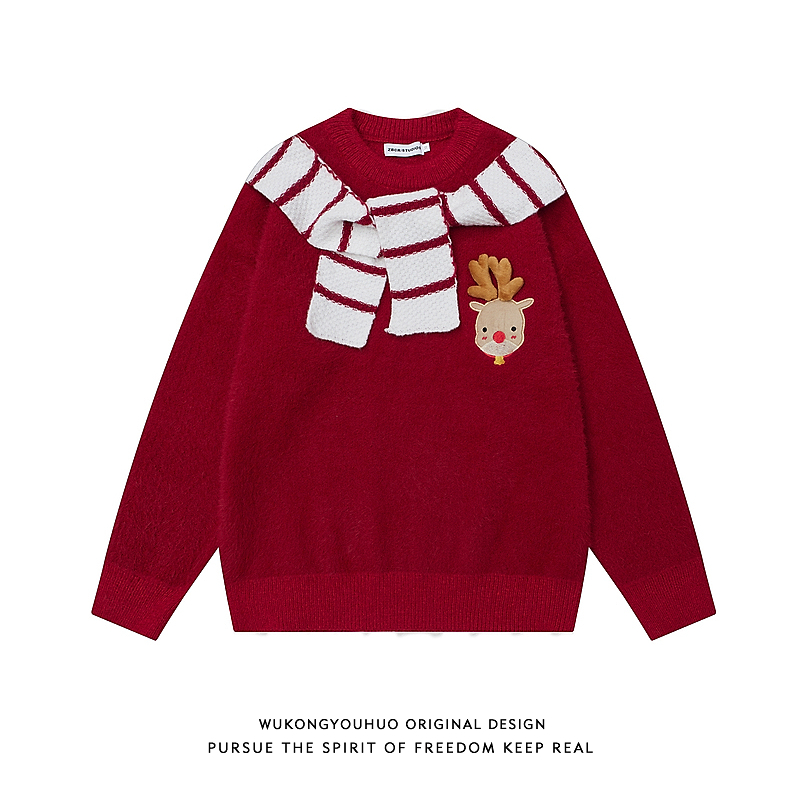 复古潮牌圣诞红色披肩圆领毛衣男