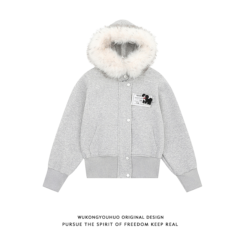 美式短款可拆卸毛领连帽开衫卫衣