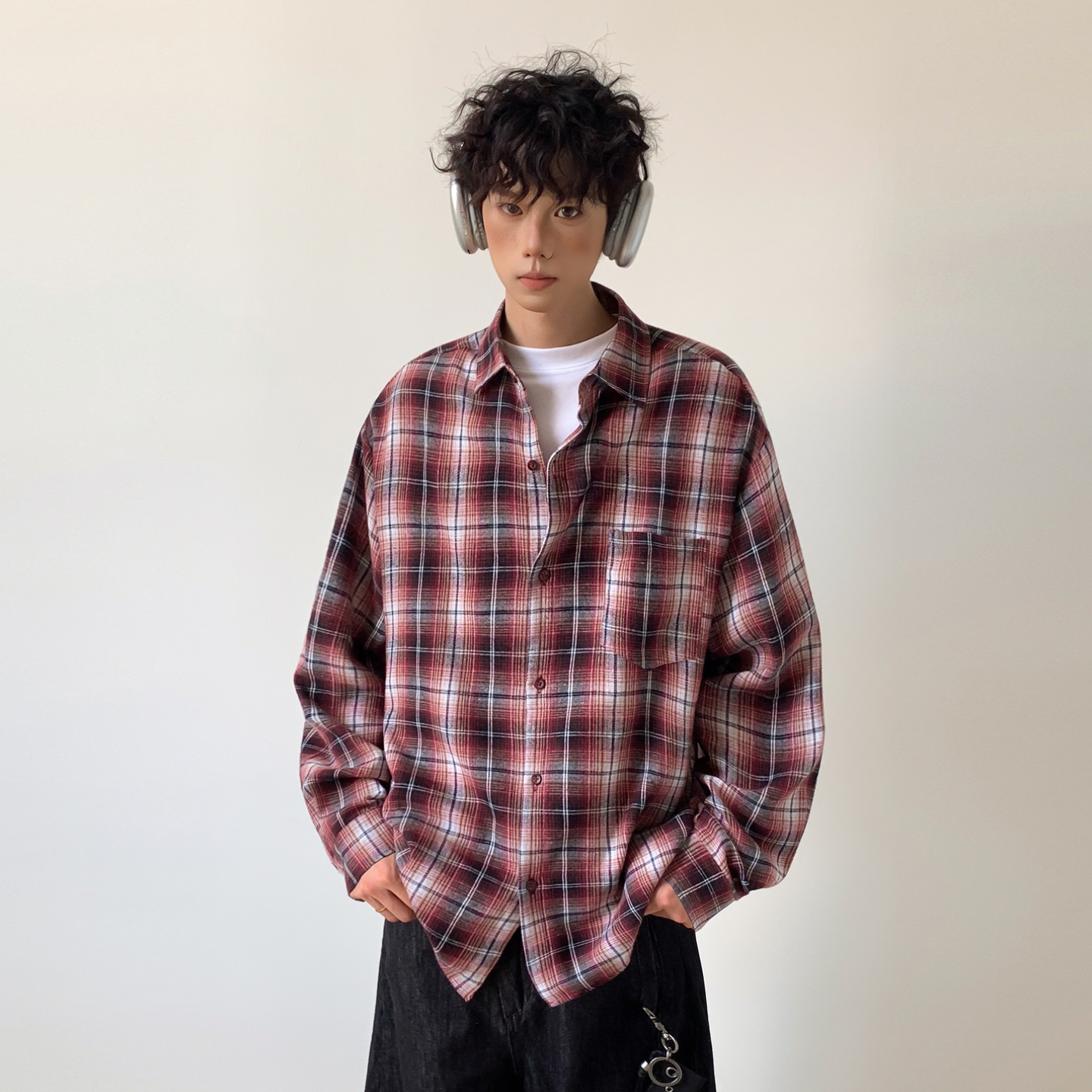 悟空有货潮牌美式格子cleanfit长袖衬衫男女秋季情侣宽松百搭衬衣