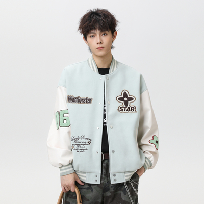 美式复古刺绣拼接棒球服男潮牌