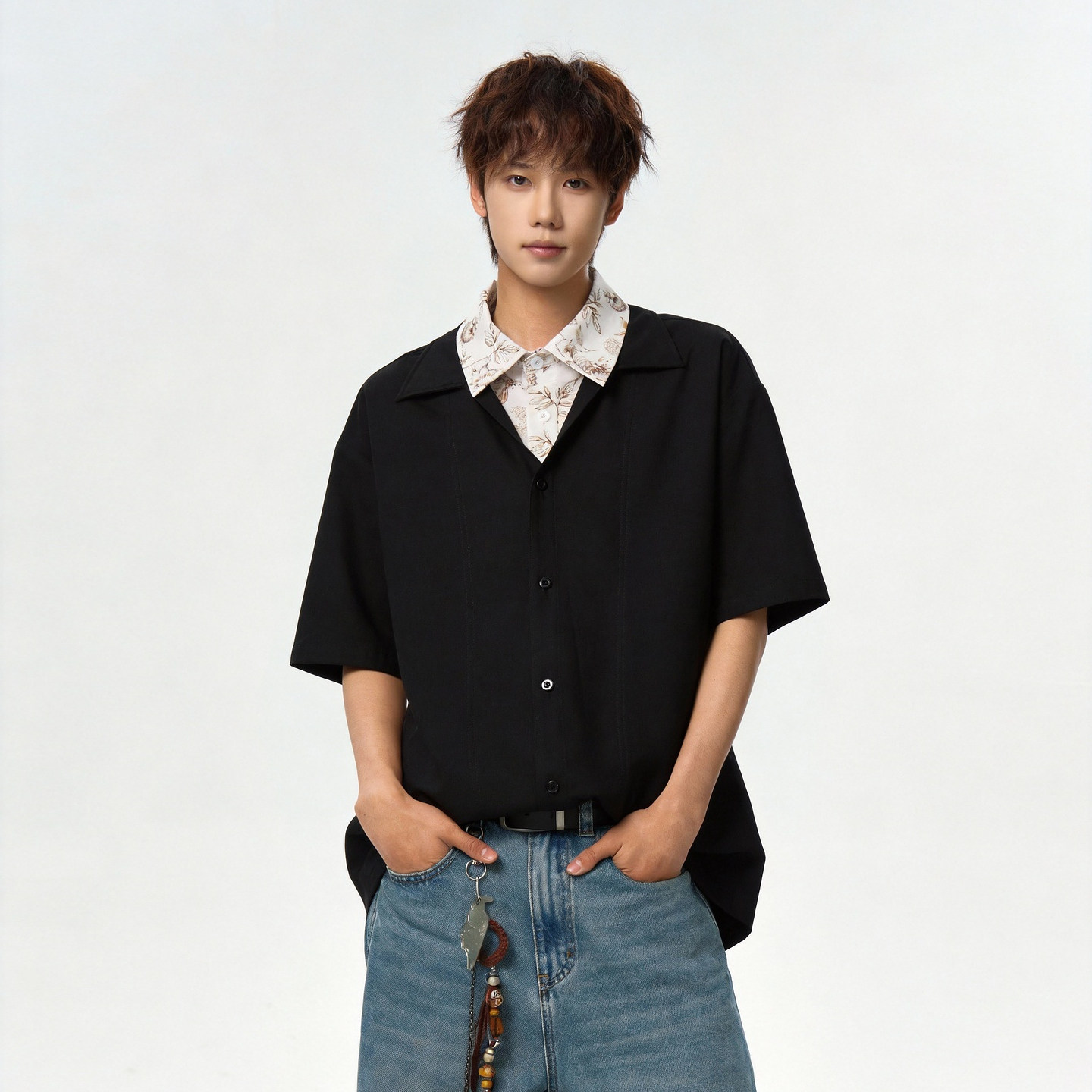 悟空有货夏季假两件拼接短袖衬衫男美式复古宽松情侣百搭半袖衬衣