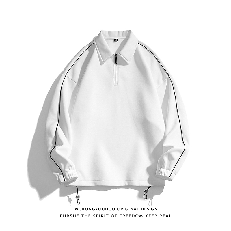悟空有货复古简约拼色半拉链长袖POLO衫男女潮牌宽松情侣休闲上衣