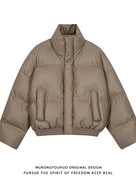 悟空有货美式潮牌PU皮防风保暖短款棉服男女复古cleanfit加厚外套