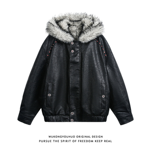 悟空有货美式 潮牌防风保暖棉服 重磅座山雕加厚皮衣连帽棉衣男冬季