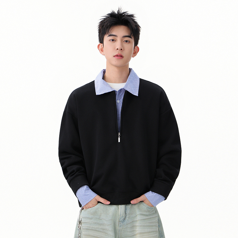 thumbnail for Wukong has a sense of high intelligence, fake two striped splicing POLO collar sweatshirts, men's autumn couples, versatile casual tops