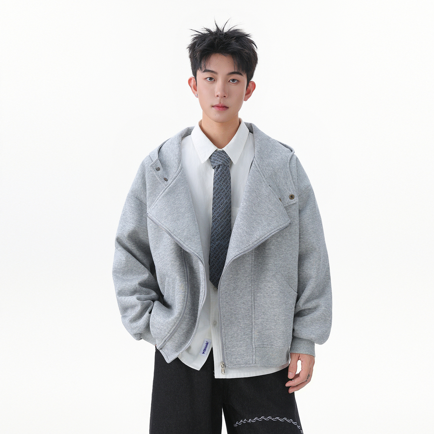 秋季复古双拉链开衫连帽卫衣男女