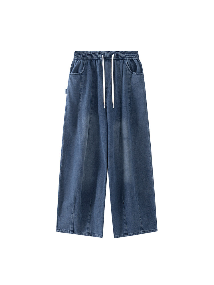 WUKONG HAS TRENDY BRAND RETRO DRAWSTRING ELASTIC WAIST DISTRESSED JEANS FOR MEN AND WOMEN AMERICAN LOOSE WIDE-LEG VERSATILE TROUSERS