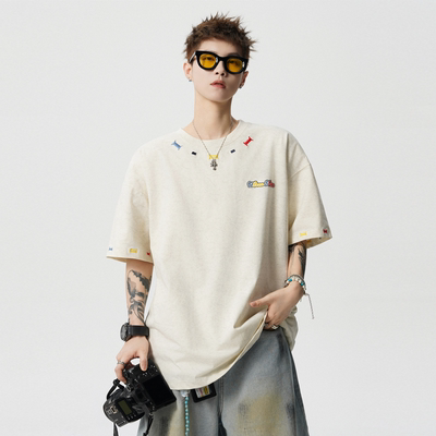 砂洗重磅彩绣圆领短袖T恤男女