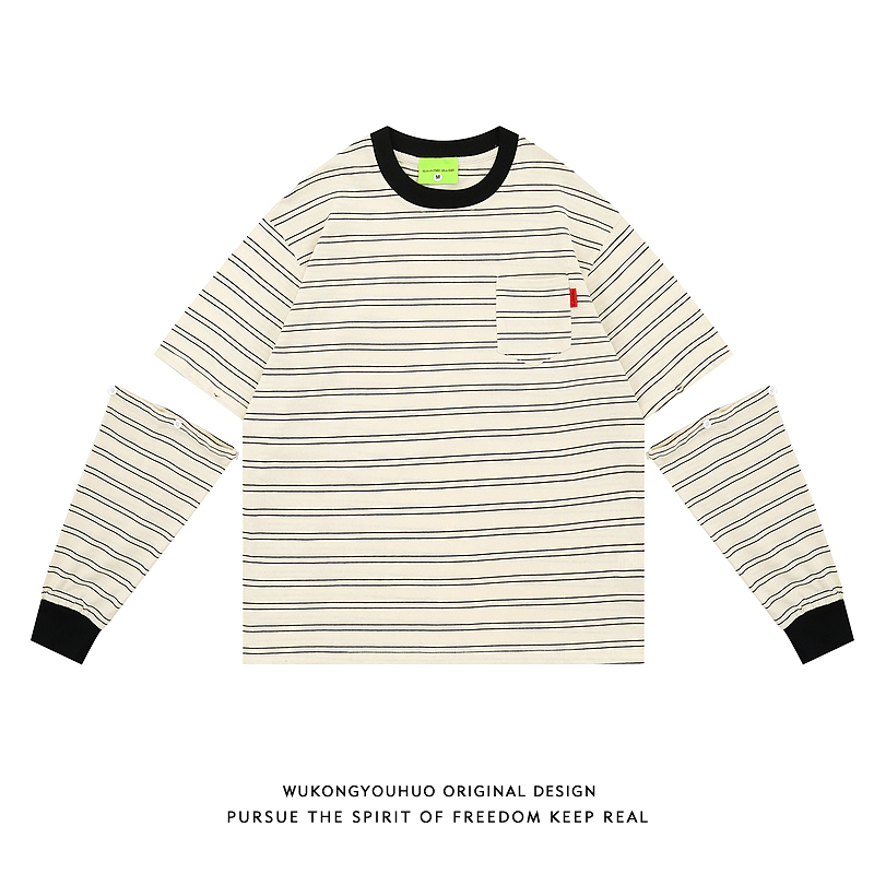 可拆卸两穿日系条纹圆领长袖T恤