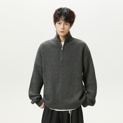 潮牌复古纯色半拉链立领毛衣男